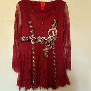 Absolutely STUNNING dress burgundy with lace sleeves and highly detailed overlay